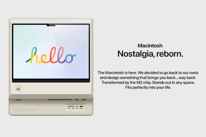 Una pagina di marketing simulata di un computer Mac originale riprogettato.