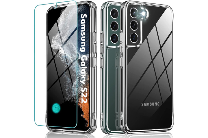 قاب شفاف Oterkin برای Samsung Galaxy S22 که قاب و محافظ صفحه را از زوایای مختلف نشان می دهد.
