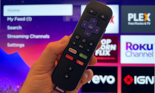 Roku remote in hand with Roku home screen in. the background.