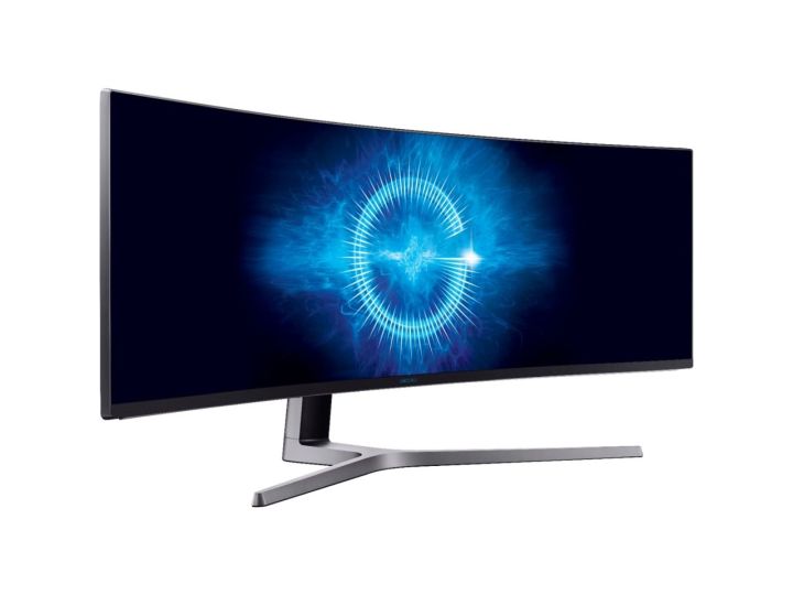 49-inch Samsung curved monitor on white background.