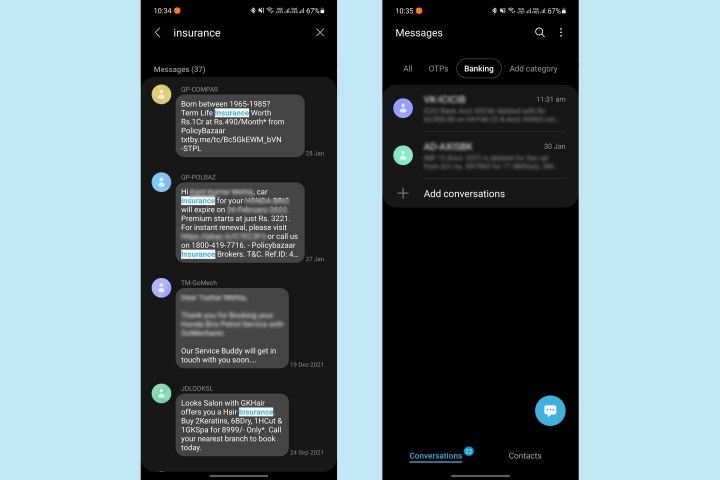 Samsung Messages with search results and manually added Bankig categories against a blue background.