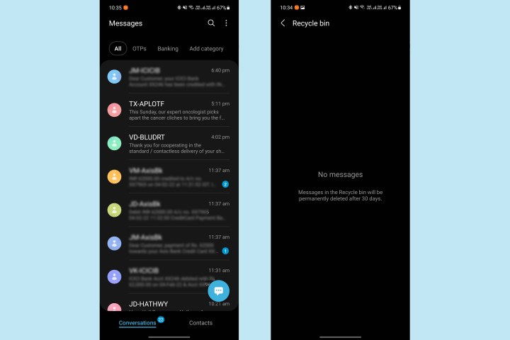 Samsung Messages dark theme mode and recycle bin against a light blue background. 