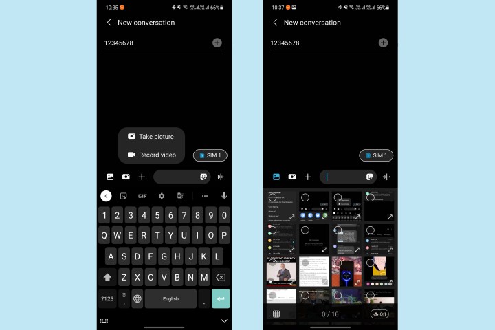 Samsung Messages image upload or capture using camera options against a light blue background.