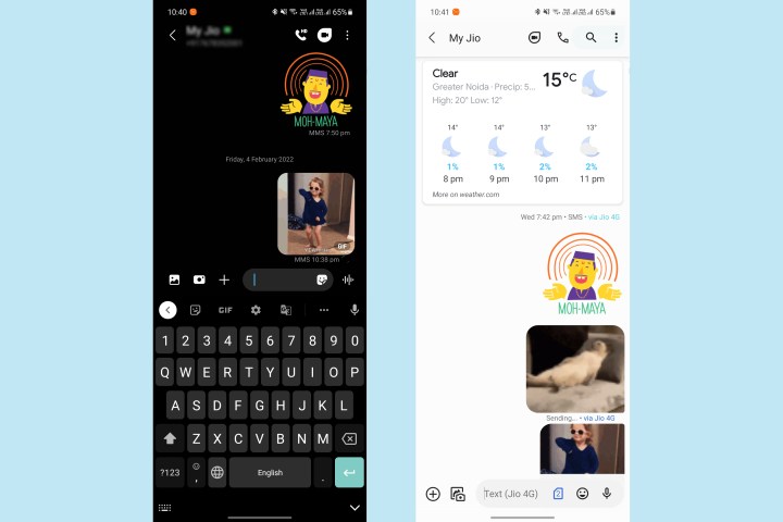 RCS Chat messaging features in Samsung Messages and Google Messages against a light blue background.