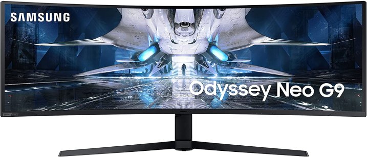 The Odyssey Neo G9 G95NA monitor placed looking forward while displaying a vibrant white and blue scene.
