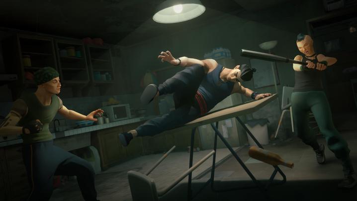 Sifu's main character jumping over a table as two enemies attack.