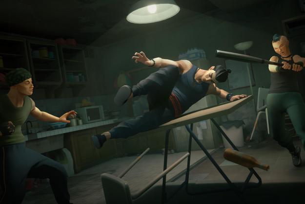 Sifu's main character jumping over a table as two enemies attack.