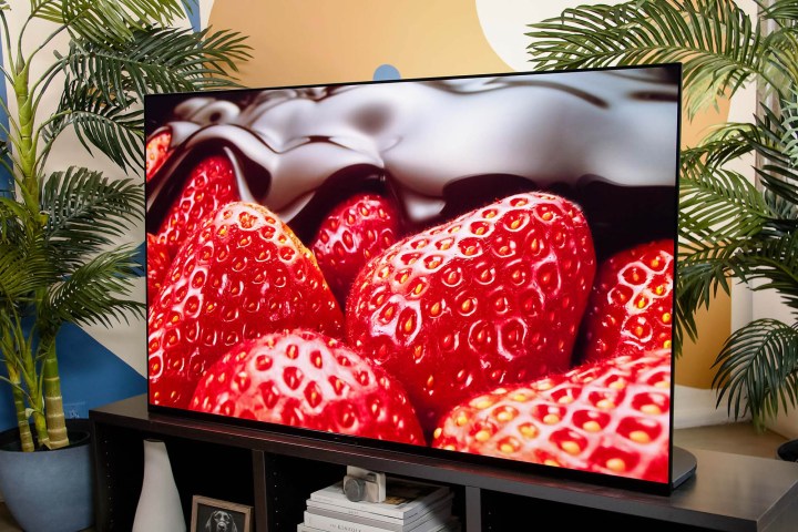 An image of a strawberry displayed on a Sony A95K TV.