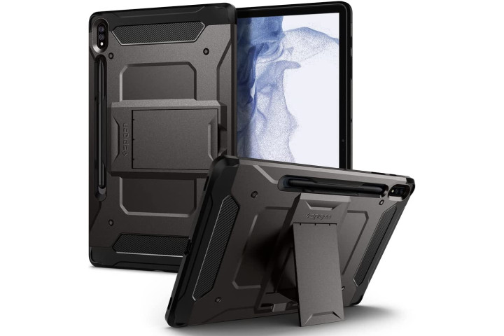 Spigen Tough Armor Pro Case for Samsung Galaxy Tab S8 Plus in Gunmetal, showing the case from various angles.