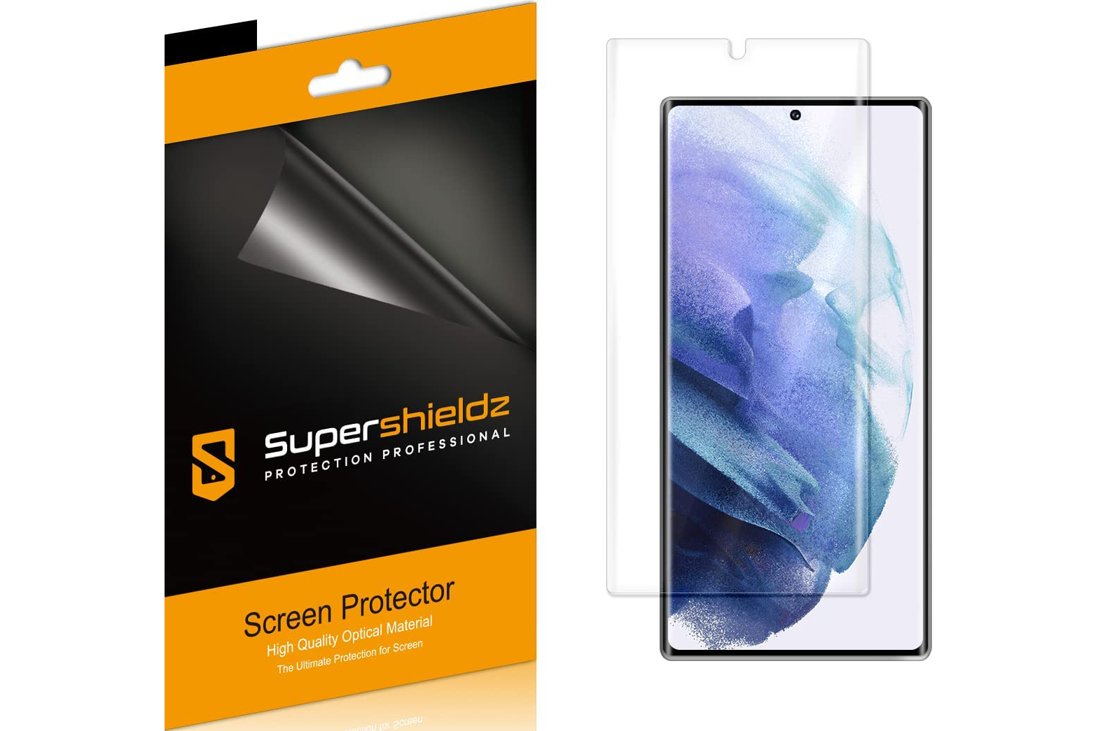 Supershieldz für Samsung Galaxy S22 Ultra Box mit Displayschutzfolie auf dem Bildschirm des S22 Ultra.