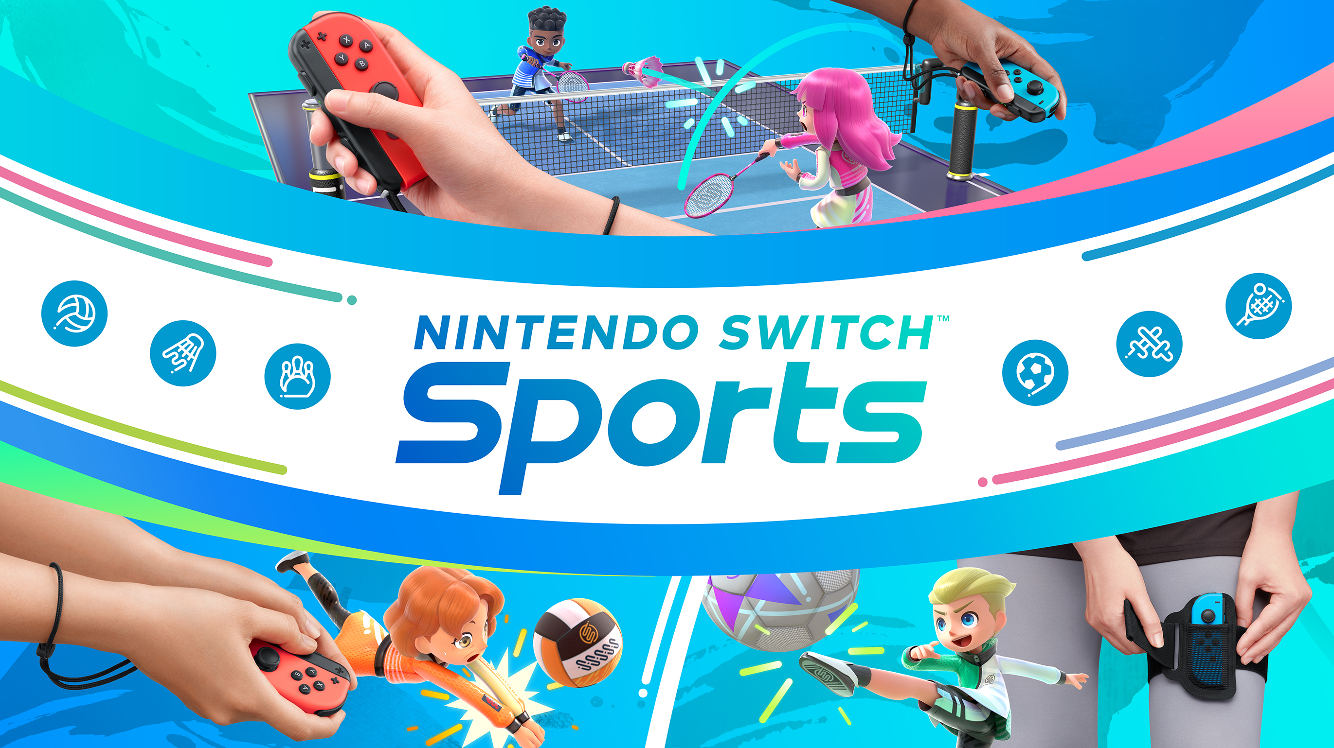 A arte principal do Nintendo Switch Sports mostra os Joy-Cons sendo usados ​​para vários esportes.