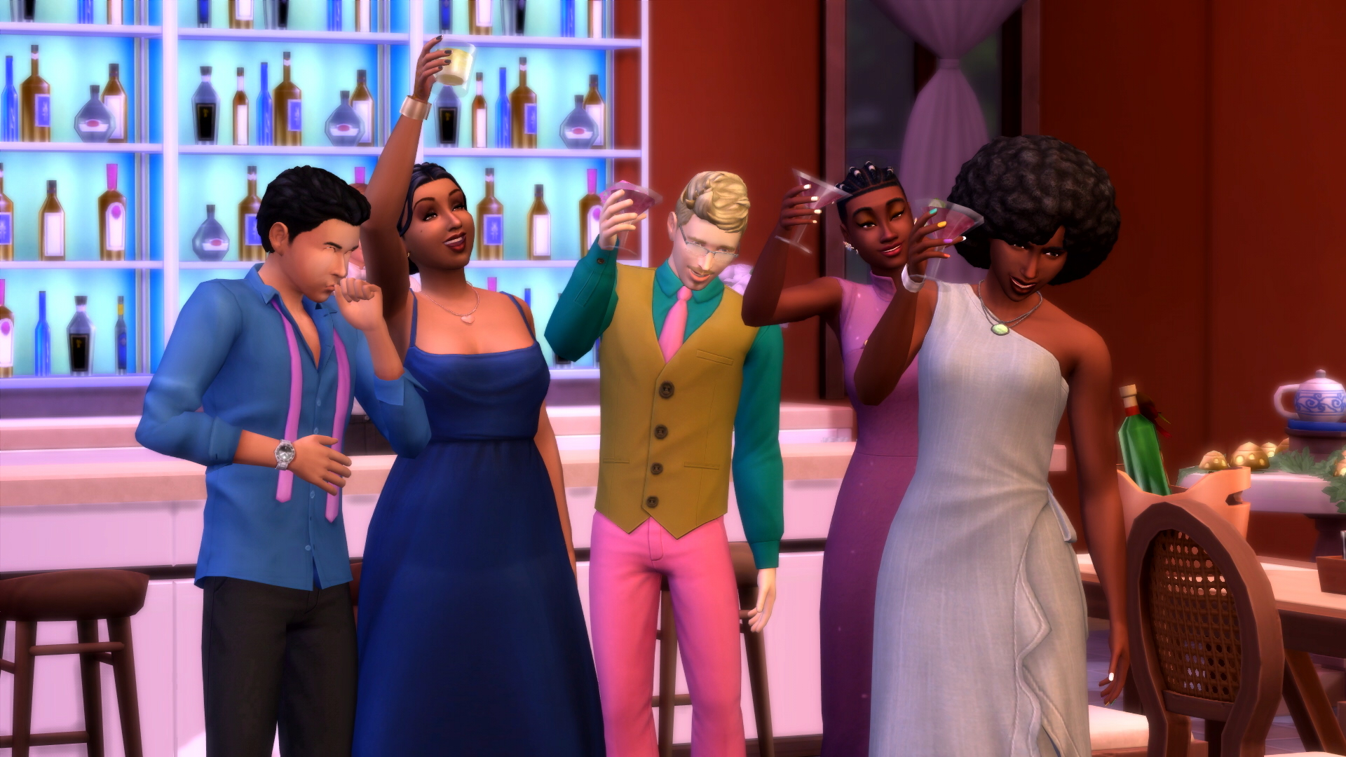 Un grupo de Sims se divierte en una despedida de soltero.