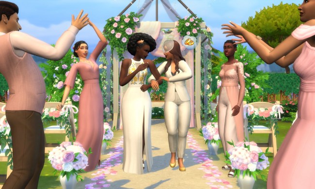 Two Sims walk down the aisle after getting married in My Wedding Stories.