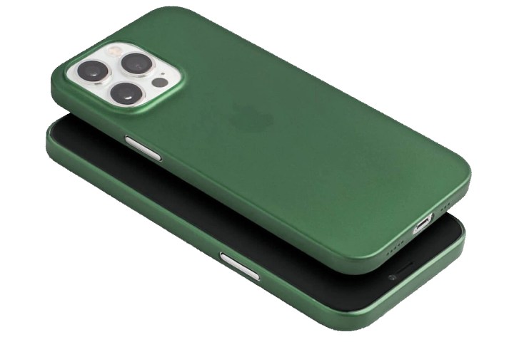 Totallee Thin iPhone case on its side in a vibrant green, showing off the super slim protection.
