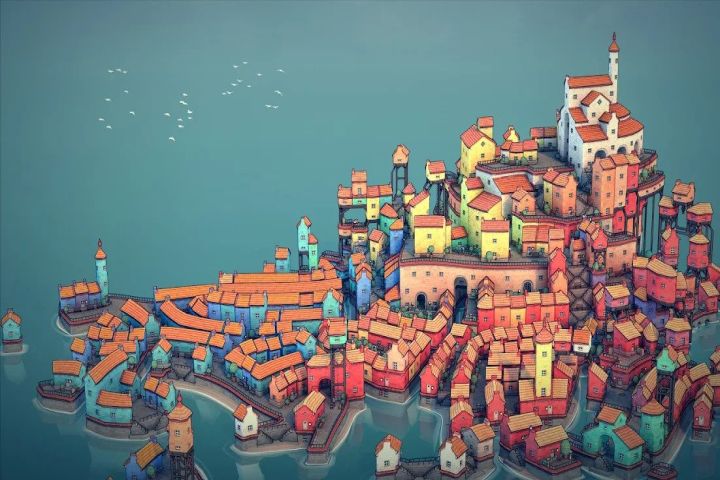Townscaper Android game showing colorful buildings against a blue sea.
