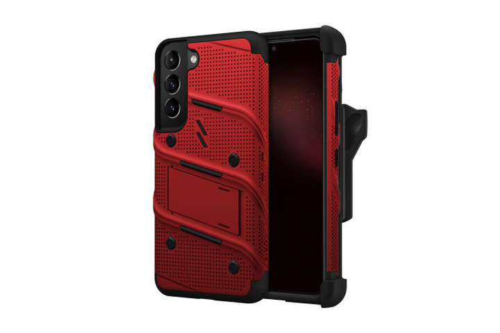 zizo bolt case in red with black accents for the samsung galaxy s22, showing the front and rear of the case.