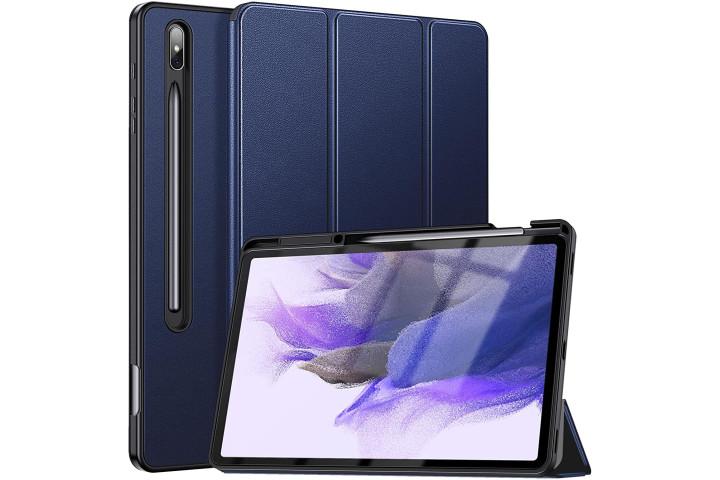 Ztotop Ultra Slim Case in Navy on the Samsung Galaxy Tab S8 Plus, showing the front and back of the case as well as it folded out into a kickstand.