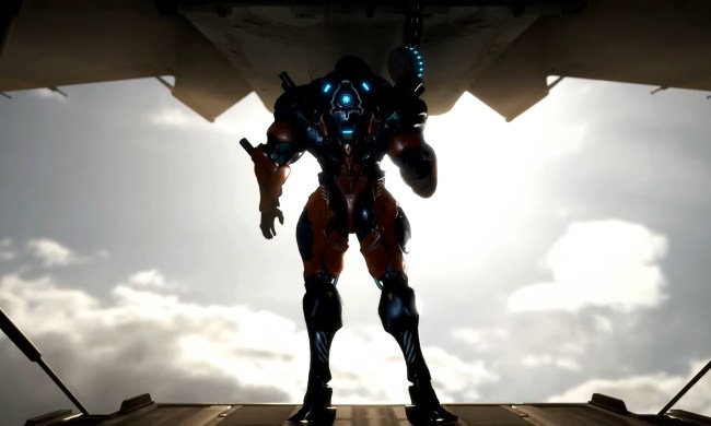 A mech suit standing at the back of a plane.