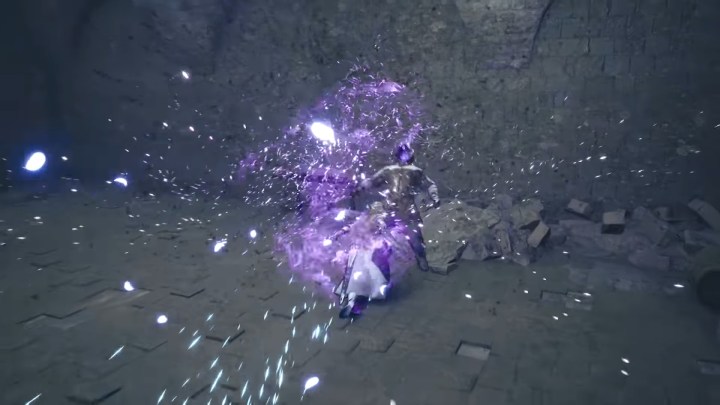 Valkyrie attacking an enemy in a purple mist in Valkyrie Elysium.