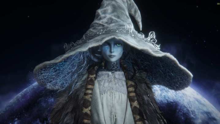 A blue witch with a big hat.