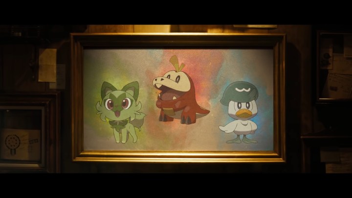 Uma pintura de três novos Pokémon de Pokémon Scarlet e Violet.