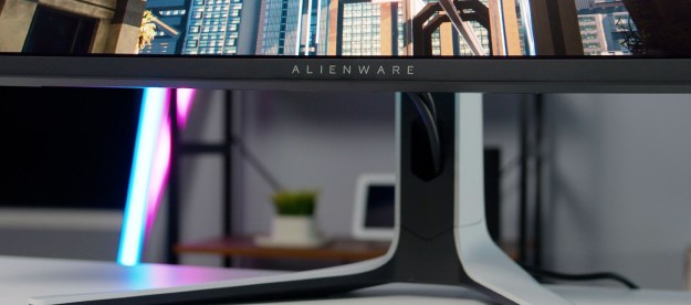 The bottom bezel and stand of the Alienware 34.