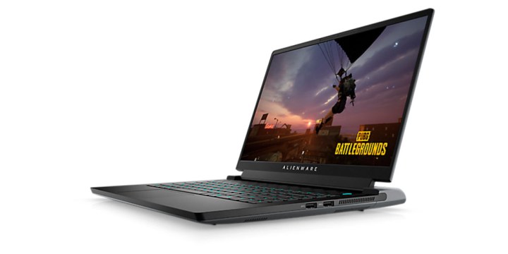 Alienware m15 R6 gaming laptop on a white background displaying PUBG on its screen.