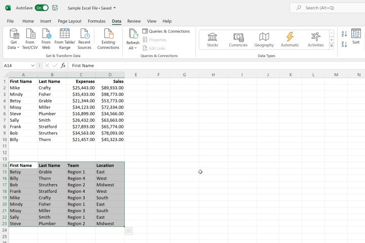 Daten alphabetisch nach erster Spalte in Microsoft Excel sortiert.