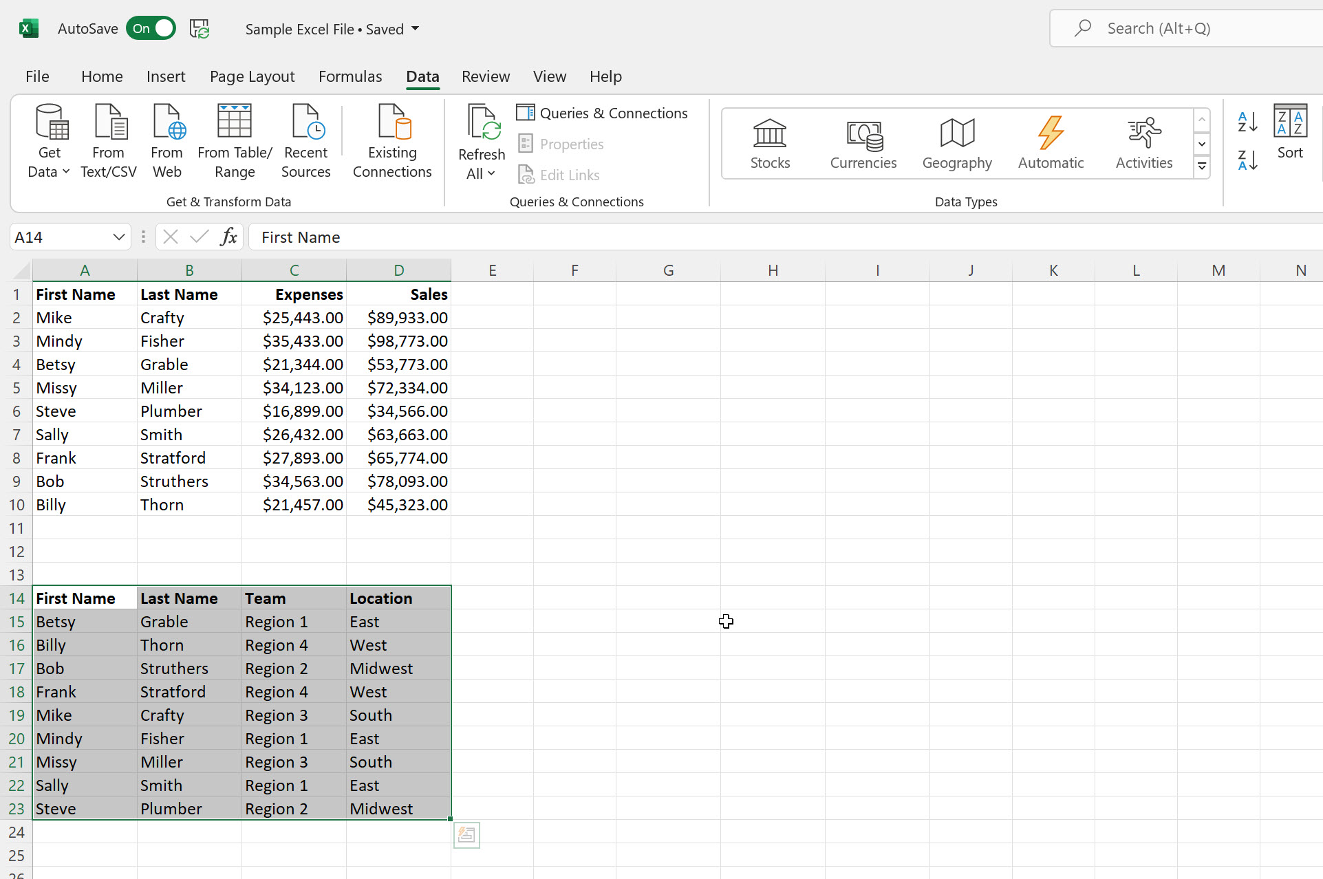 Dati in ordine alfabetico per prima colonna in Microsoft Excel.