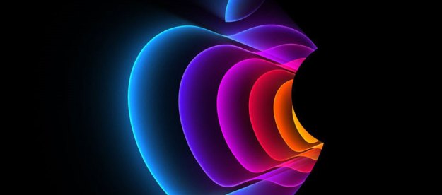 The Apple logo on Apple's Peek Performance event on March 8, 2022.