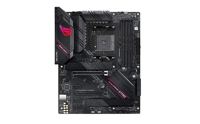 asus rog strix b550-f gaming motherboard on white background