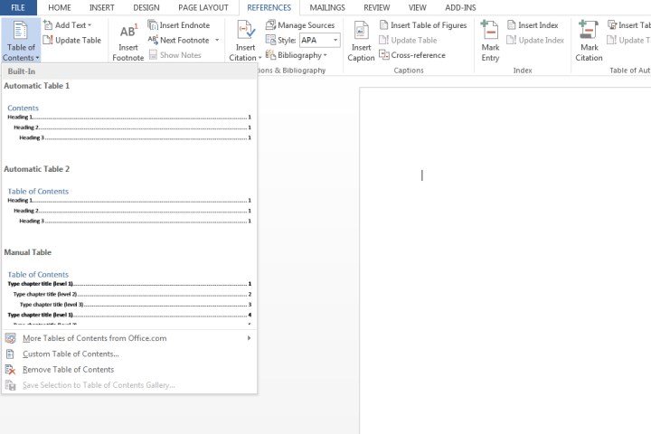 The Table of Contents button in Microsoft Word that allows you to choose from an existing template.