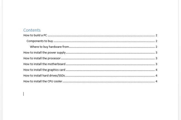 A Table of Contents in Microsoft Word created via an existing Automatic template.