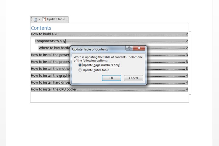 The updating options for a Table of Contents on Microsoft Word.