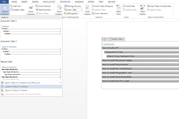 The Custom Table of Contents button on Microsoft Word used for customizing a table.