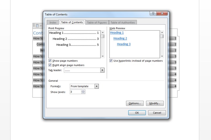 The Custom Table of Contents window on Microsoft Word used for customizing a table.