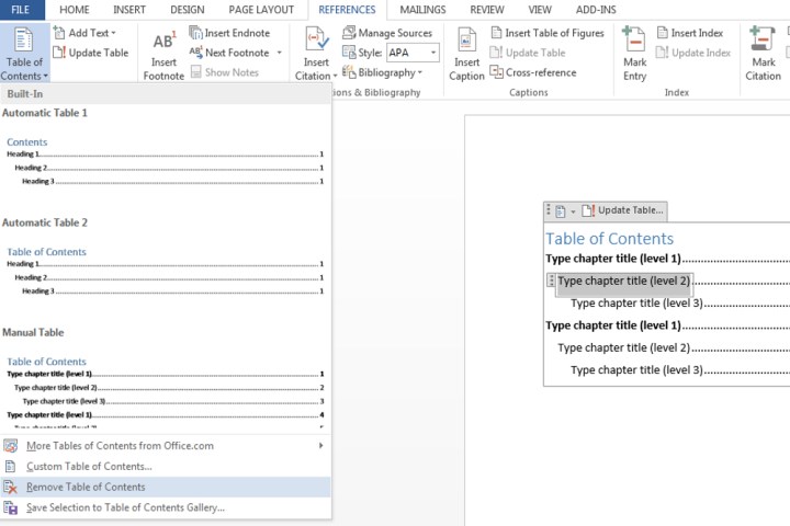 Remove Table of Contents option on Microsoft Word.