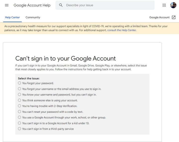 A Google account recover page listing options of why a user can't sign in.