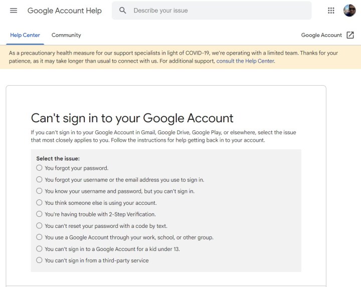 A Google account recovery page listing options of why a user can't sign in.