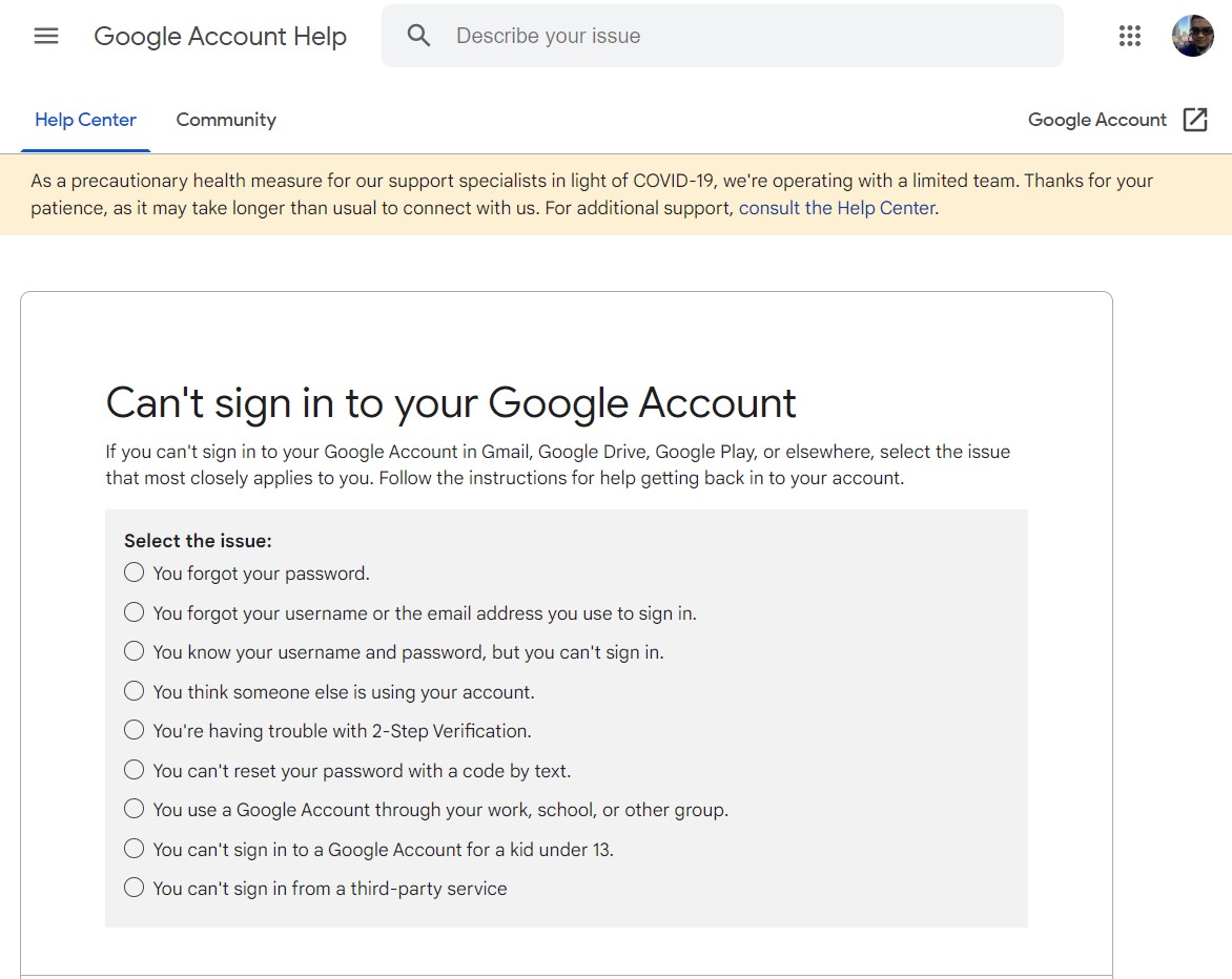The Google account recovery page lists options for why a user can't sign in.