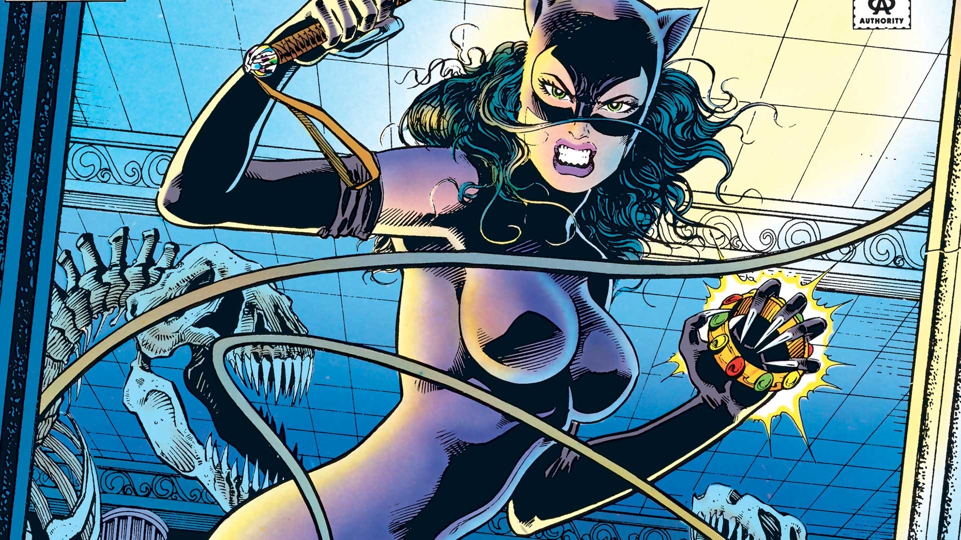 Catwoman در کتاب مصور Catwoman دهه 1990 شلاق خود را بالا می برد.