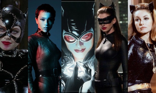 Split image of Michelle Pfeiffer, Zoe Kravitz, a comic illustration, Anne Hathaway, & Julie Newmar as Catwoman.