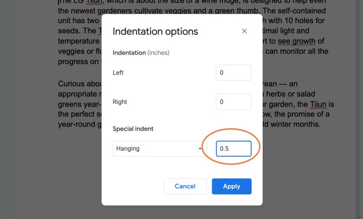 فیلد Indent Length یک دایره در Google Docs است.