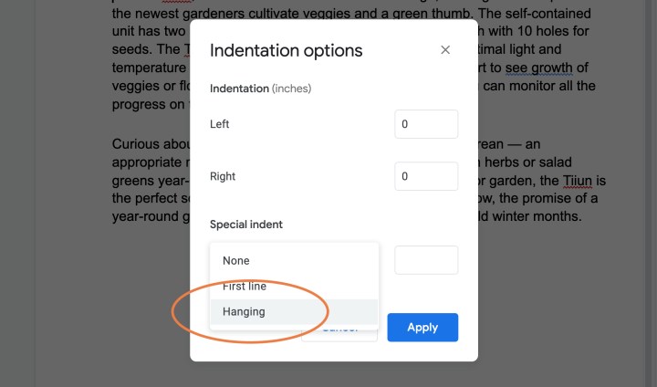 Google डॉक्स में इंडेंटेशन विकल्प मेनू में हैंगिंग विकल्प चुना गया है।