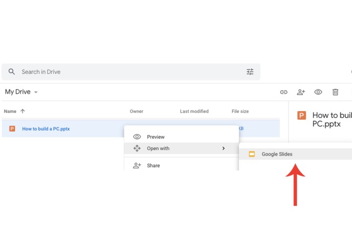 Google Drive पर Google Slides टैब से PowerPoint प्रेजेंटेशन फ़ाइल खोलना।