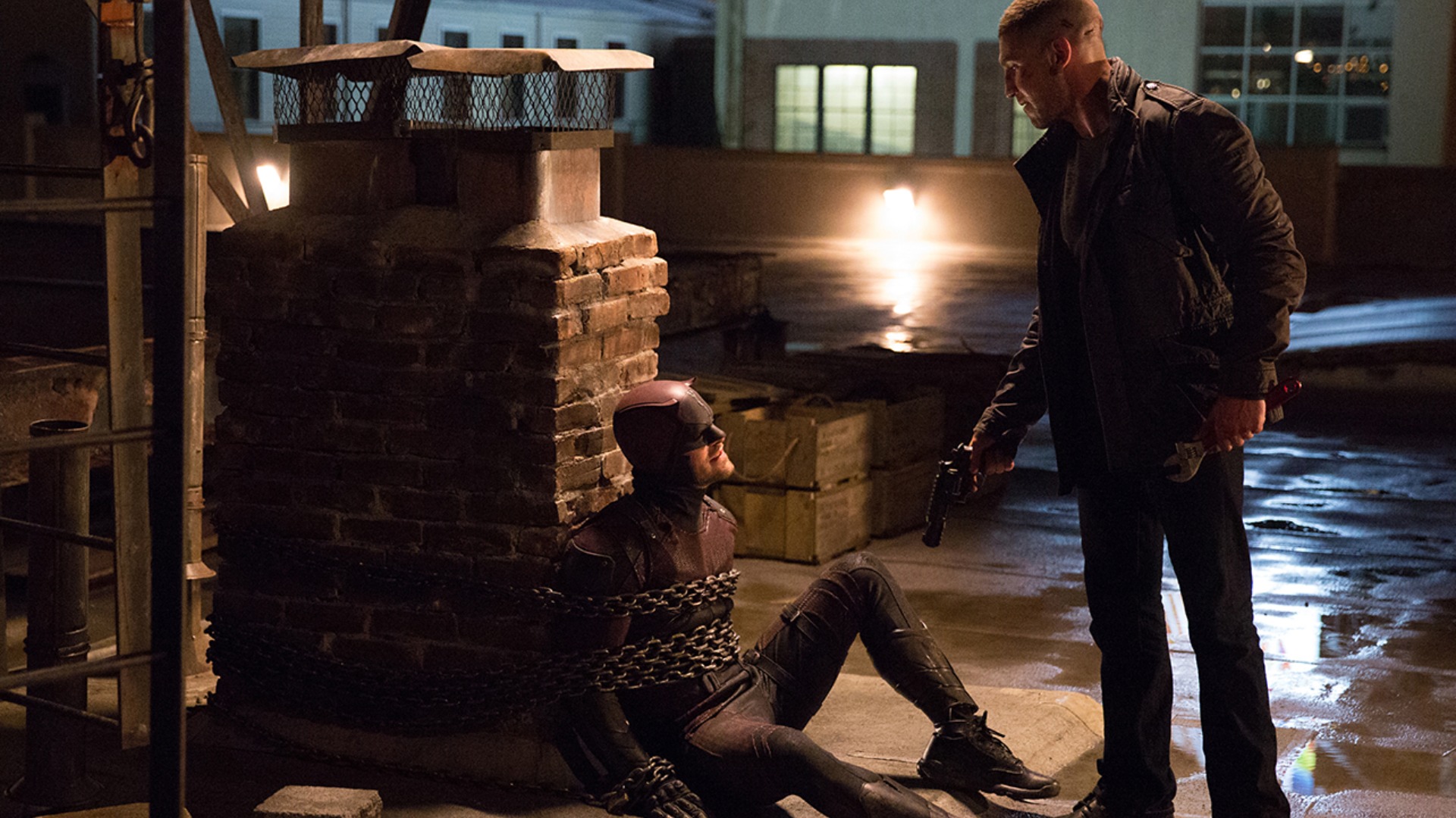 Released production still of Daredevil and Punisher in their rooftop scene