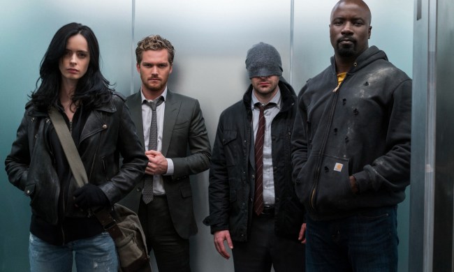 The Defenders look at the camera in an elevator in The Defenders.