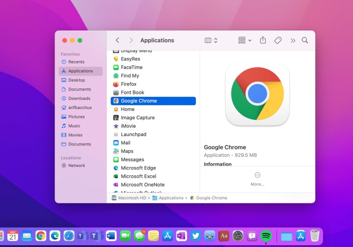 Google Chrome از لیست برنامه های Mac انتخاب شده است.
