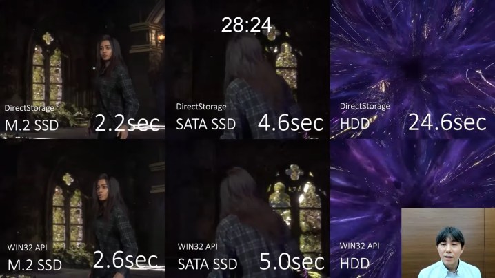 Various screenshots compare loading times in Forspoken.