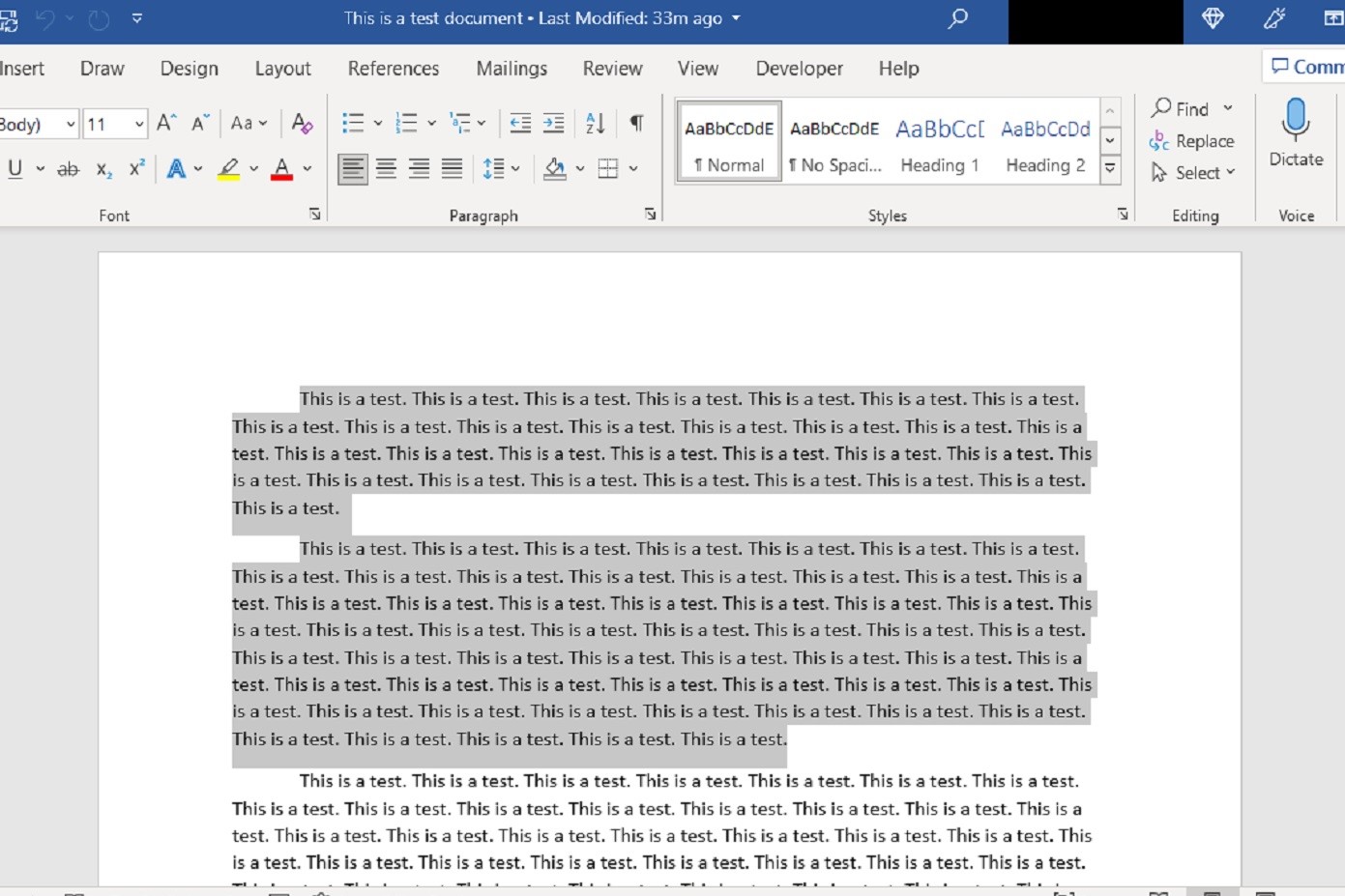 تصویری از برنامه دسکتاپ Microsoft Word که دو پاراگراف انتخاب شده را نشان می دهد.